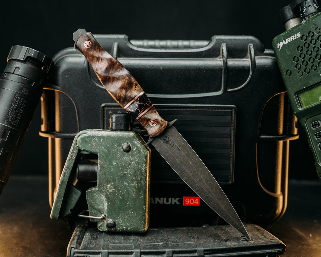 Fairbairn Sykes- Maple, Black G10 & Copper Pin Striping, Black w/ Copper Web Tru Stone Split, Patriot Mosaic Pins, Textured Grip