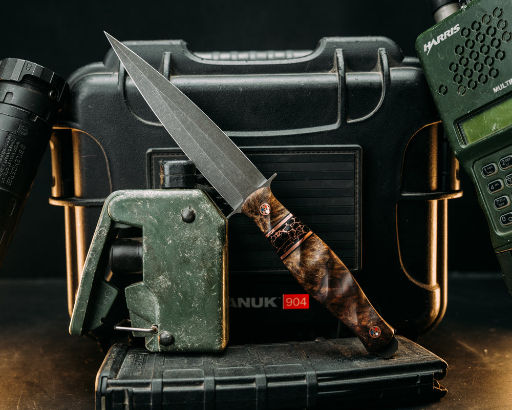 Fairbairn Sykes- Maple, Black G10 & Copper Pin Striping, Black w/ Copper Web Tru Stone Split, Patriot Mosaic Pins, Textured Grip