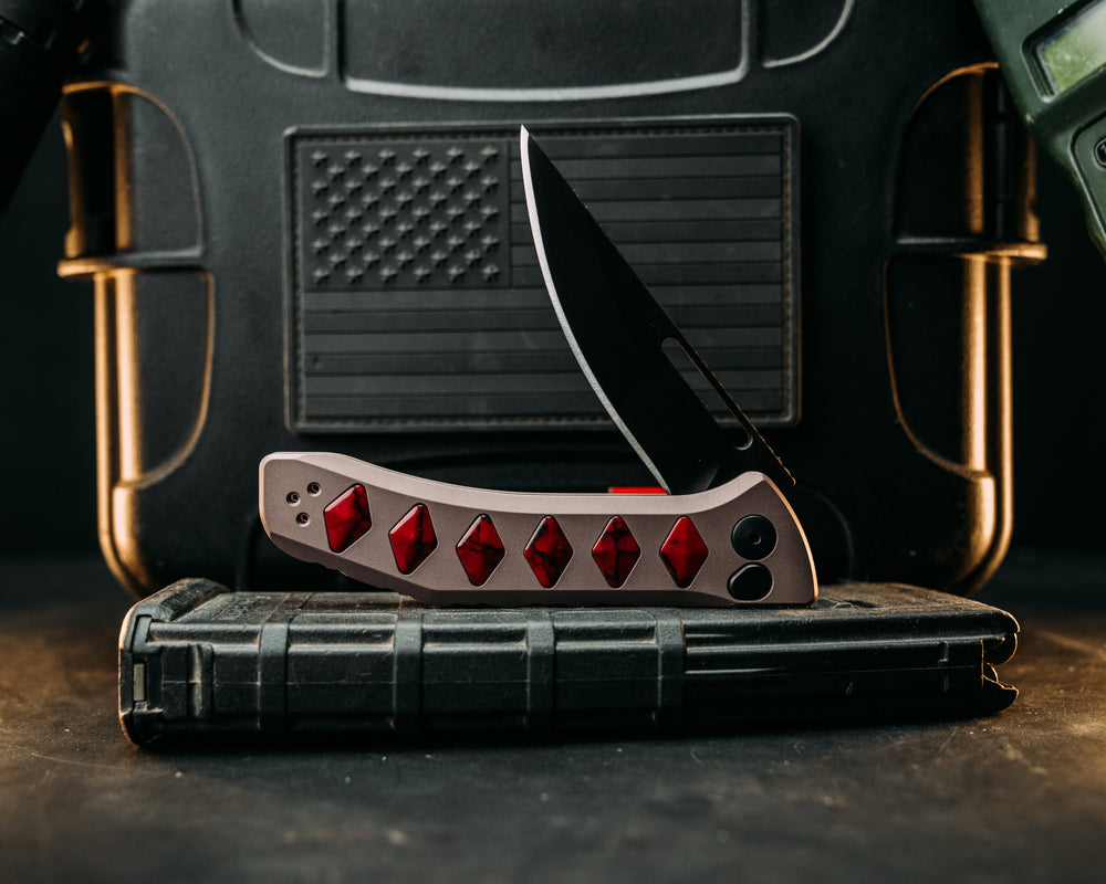 Kwaiken Folder Custom - Bloody Basin Jasper Tru Stone, Anodized Gray Handle, Black Nitride Blade, Textured Grip, Deep Carry Pocket Clip
