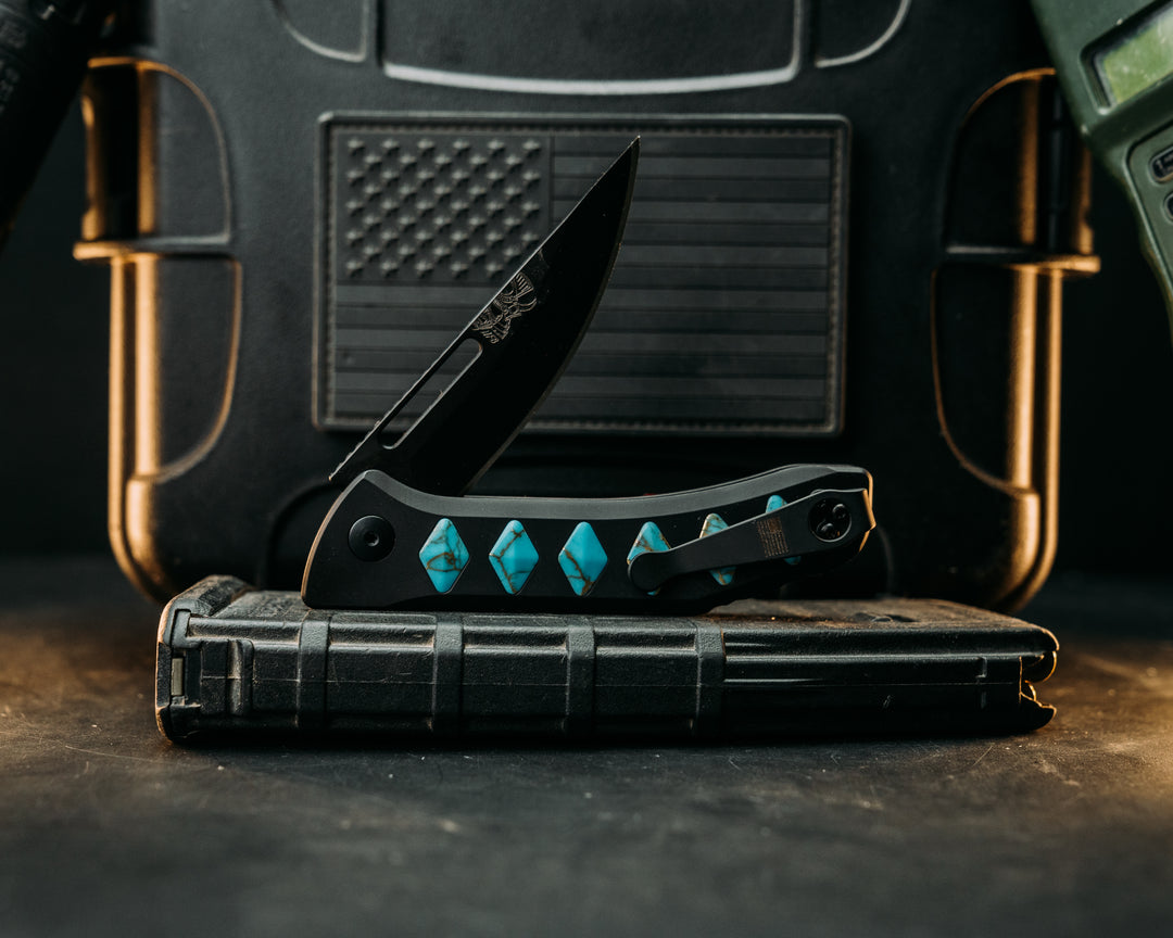 Kwaiken Folder Custom - Turquoise w/ Gold Web Tru Stone, Anodized Black Handle, Black Nitride Blade, Textured Grip, Deep Carry Pocket Clip