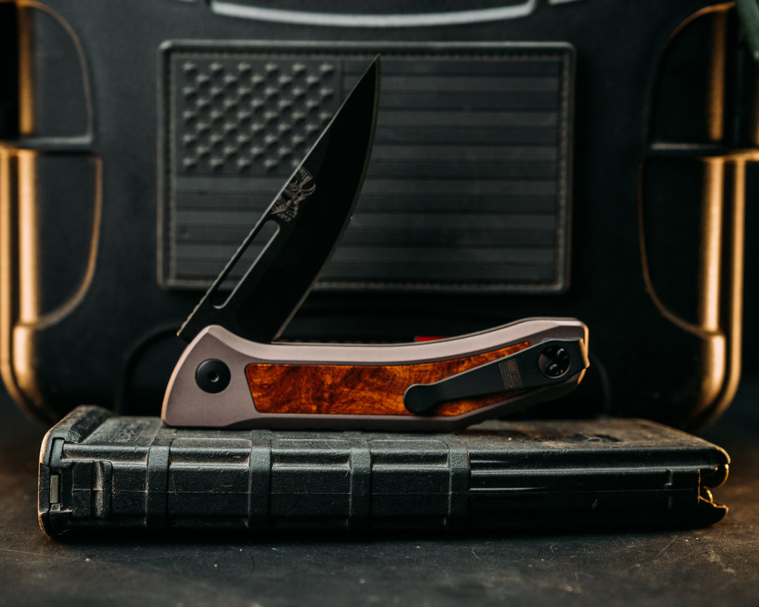 Kwaiken Folder Custom - Amboyna, Anodized Gray Handle, Black Nitride Blade, Textured Grip, Deep Carry Pocket Clip