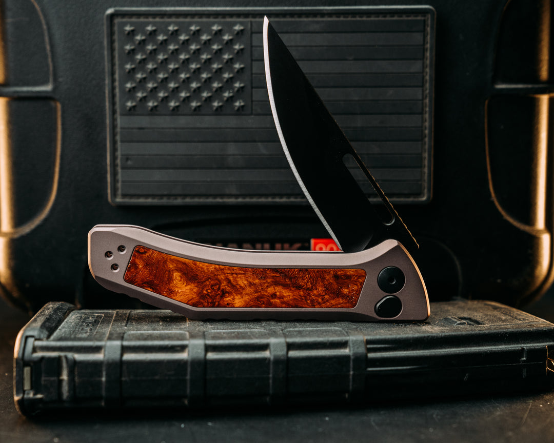 Kwaiken Folder Custom - Amboyna, Anodized Gray Handle, Black Nitride Blade, Textured Grip, Deep Carry Pocket Clip