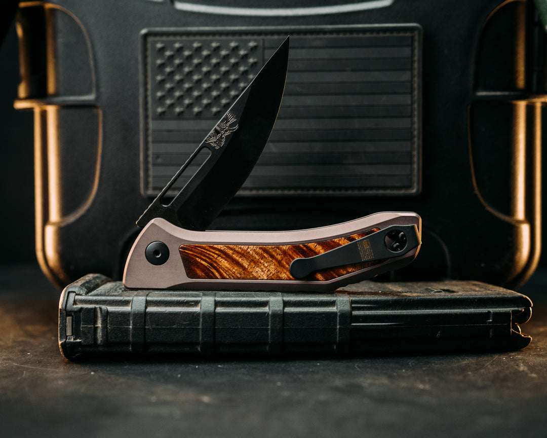 Kwaiken Folder Custom - Hawaiian Curly Koa, Anodized Gray Handle, Black Nitride Blade, Textured Grip, Deep Carry Pocket Clip