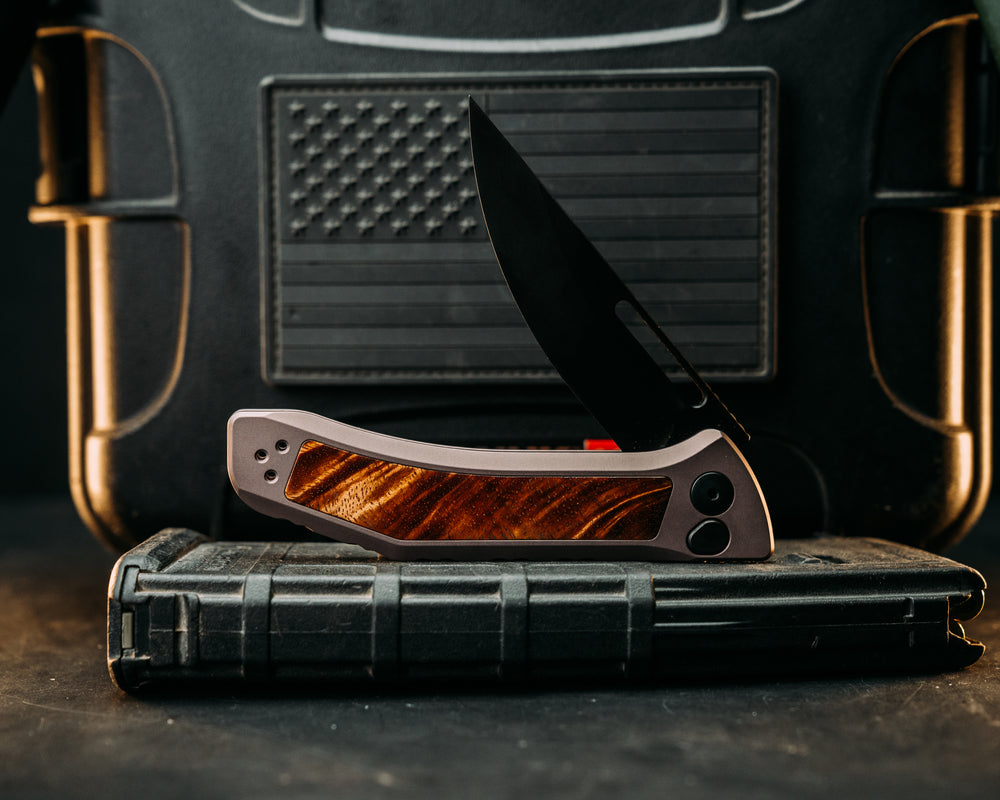 Kwaiken Folder Custom - Hawaiian Curly Koa, Anodized Gray Handle, Black Nitride Blade, Textured Grip, Deep Carry Pocket Clip