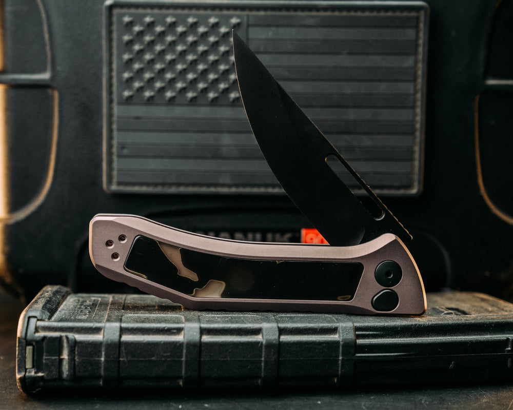 Kwaiken Folder Custom - Raffir Noble Curly Brass, Anodized Gray Handle, Black Nitride Blade, Textured Grip, Deep Carry Pocket Clip