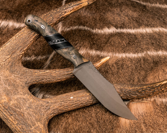 Crow Scout- Buckeye Burl, Black G10 and Aluminum Pin Striping, Black Canvas Micarta and Black with White Web Tru-stone Split, Mosaic Pins, Aluminum Lanyard Pin, Smooth Grip