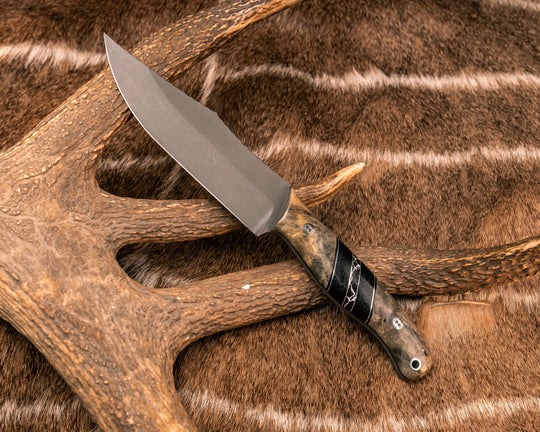 Crow Scout- Buckeye Burl, Black G10 and Aluminum Pin Striping, Black Canvas Micarta and Black with White Web Tru-stone Split, Mosaic Pins, Aluminum Lanyard Pin, Smooth Grip