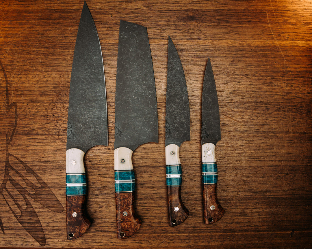 Chef Set - Giraffe Bone, Black & White G10 w/ Brass & Aluminum Pin Striping, Chrysocolla Tru Stone Splits, Black Ash, Mosaic Pins, Smooth Grips.