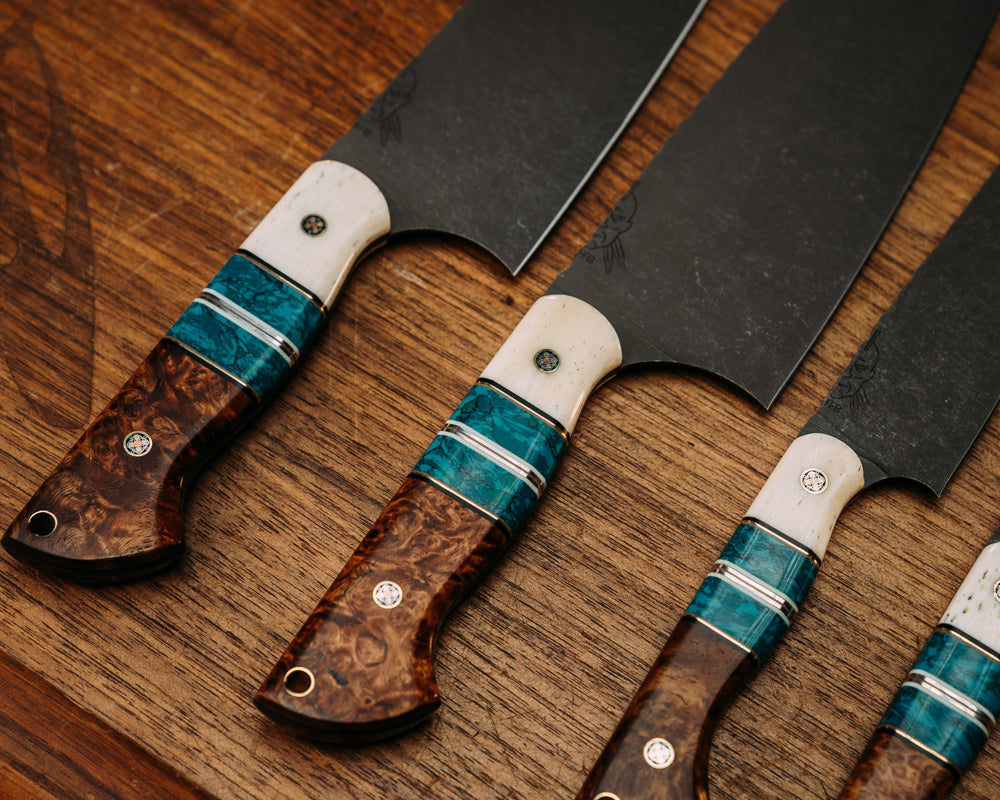 Chef Set - Giraffe Bone, Black & White G10 w/ Brass & Aluminum Pin Striping, Chrysocolla Tru Stone Splits, Black Ash, Mosaic Pins, Smooth Grips.