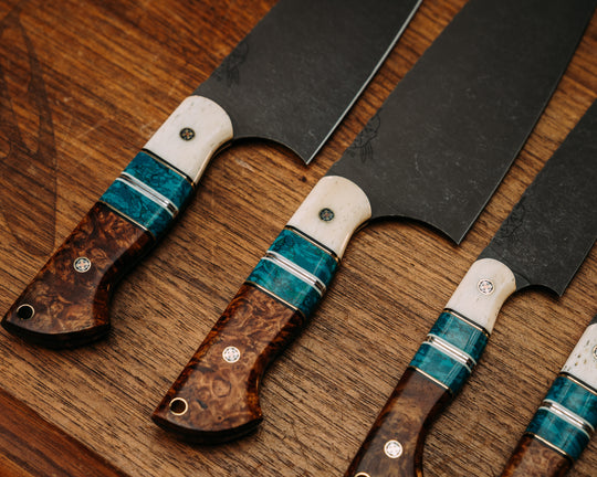 Chef Set - Giraffe Bone, Black & White G10 w/ Brass & Aluminum Pin Striping, Chrysocolla Tru Stone Splits, Black Ash, Mosaic Pins, Smooth Grips.