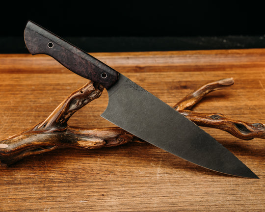 Chef Blade- Dyed Curly Maple, Aluminum Hollow Pins, Smooth Grip