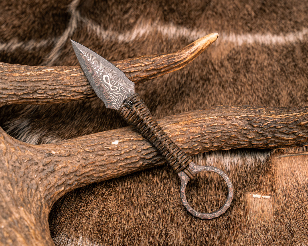 Ringstrike - Baker Forge CopperMai Raindrop Damascus, Tan Leather Wrap