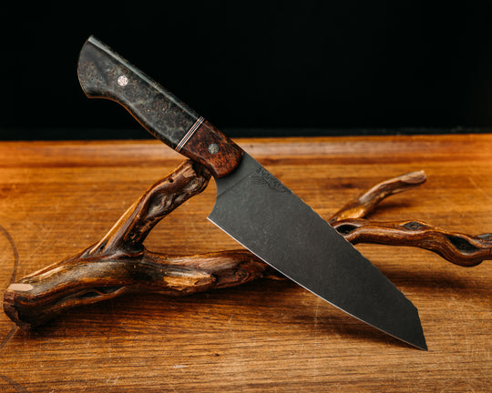 Santoku -Pheasant, Black & White G10 w/ Copper Split, Dyed Black Ash, Mosaic Pins, Smooth Grip.