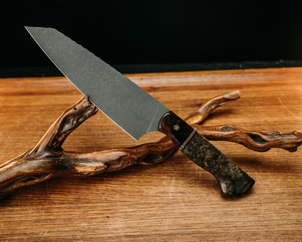 Santoku -Pheasant, Black & White G10 w/ Copper Split, Dyed Black Ash, Mosaic Pins, Smooth Grip.