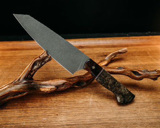 Santoku -Pheasant, Black & White G10 w/ Copper Split, Dyed Black Ash, Mosaic Pins, Smooth Grip.