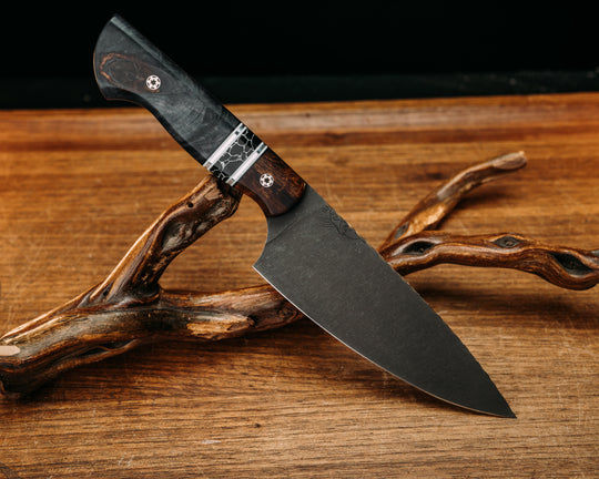 Chef Jr - Desert Ironwood, Black & White G10 with Aluminum Pin Striping, Black w/ White Web True Stone Split, Dyed Maple, Mosaic Pins, Smooth Grip.