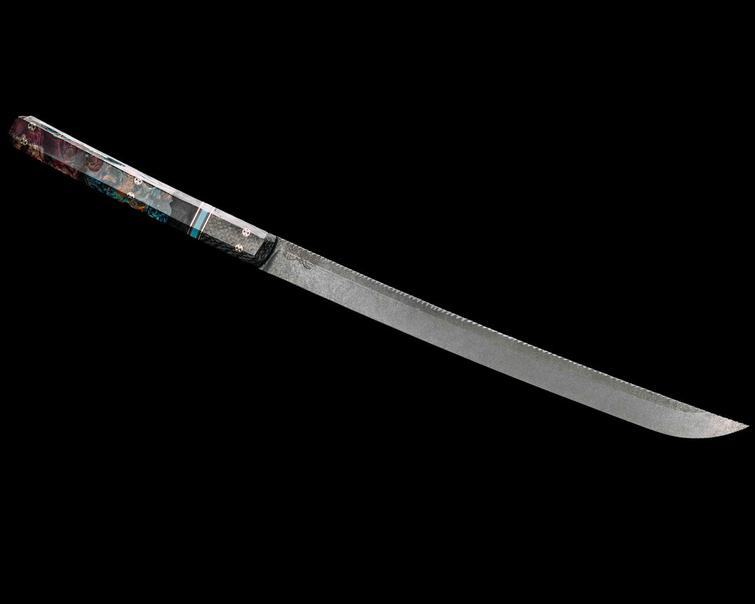 Wakasashi Short Sword- Carbon Fiber, Black G10, Brass, Orange G10 and Blue G10 Pin Striping, Tiffany Blue G10 Split, Box Elder and Chaotic Artworks UV Resin, Mosaic Pins, Smooth Grip