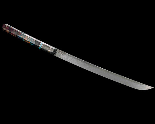 Wakasashi Short Sword- Carbon Fiber, Black G10, Brass, Orange G10 and Blue G10 Pin Striping, Tiffany Blue G10 Split, Box Elder and Chaotic Artworks UV Resin, Mosaic Pins, Smooth Grip