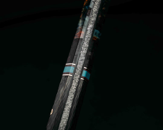 Wakasashi Short Sword- Carbon Fiber, Black G10, Brass, Orange G10 and Blue G10 Pin Striping, Tiffany Blue G10 Split, Box Elder and Chaotic Artworks UV Resin, Mosaic Pins, Smooth Grip