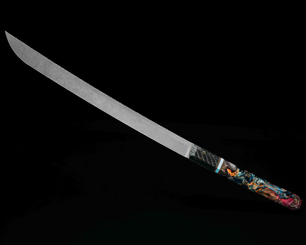 Wakasashi Short Sword- Carbon Fiber, Black G10, Brass, Orange G10 and Blue G10 Pin Striping, Tiffany Blue G10 Split, Box Elder and Chaotic Artworks UV Resin, Mosaic Pins, Smooth Grip