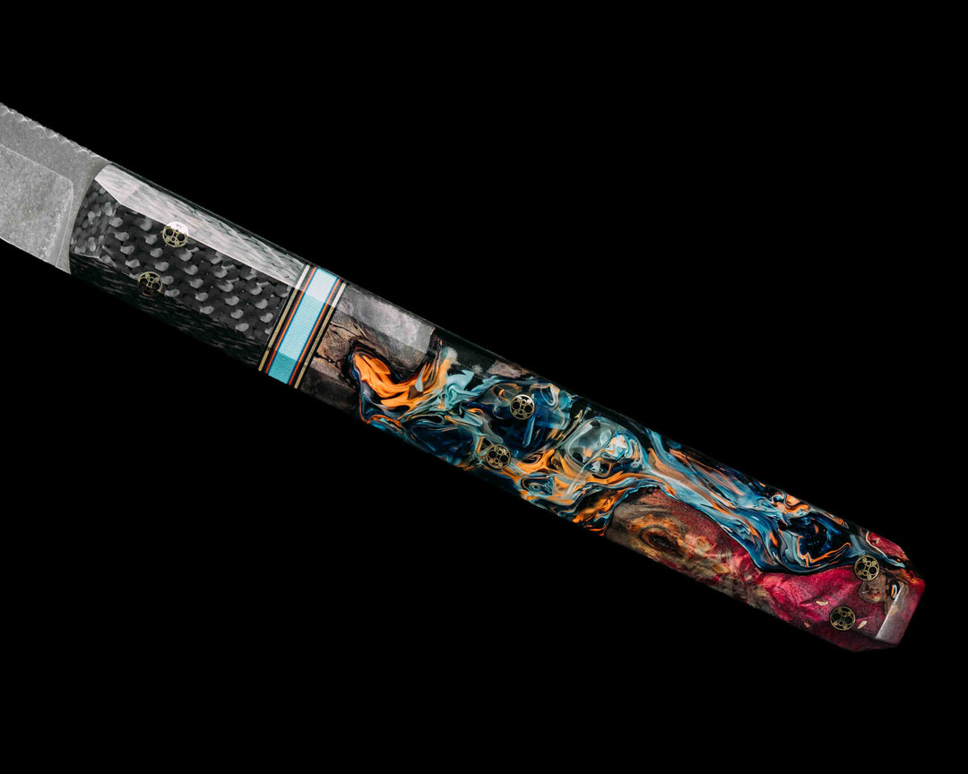 Wakasashi Short Sword- Carbon Fiber, Black G10, Brass, Orange G10 and Blue G10 Pin Striping, Tiffany Blue G10 Split, Box Elder and Chaotic Artworks UV Resin, Mosaic Pins, Smooth Grip