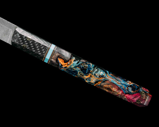 Wakasashi Short Sword- Carbon Fiber, Black G10, Brass, Orange G10 and Blue G10 Pin Striping, Tiffany Blue G10 Split, Box Elder and Chaotic Artworks UV Resin, Mosaic Pins, Smooth Grip