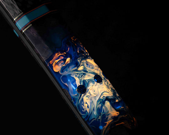 Wakasashi Short Sword- Carbon Fiber, Black G10, Brass, Orange G10 and Blue G10 Pin Striping, Tiffany Blue G10 Split, Box Elder and Chaotic Artworks UV Resin, Mosaic Pins, Smooth Grip