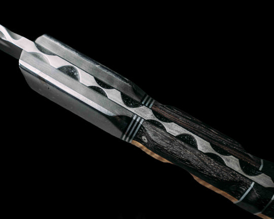 Katana- Baker Forge Raindrop Damascus - Meteorite Over Carbon Fiber, Black G10 & Stainless Steel Pin Striping, Hawaiian Curly Koa & African Bog Oak, Carbon Fiber Split, CO Elk, HFB Mosaic Pins, 1/8" Mosaic Pins