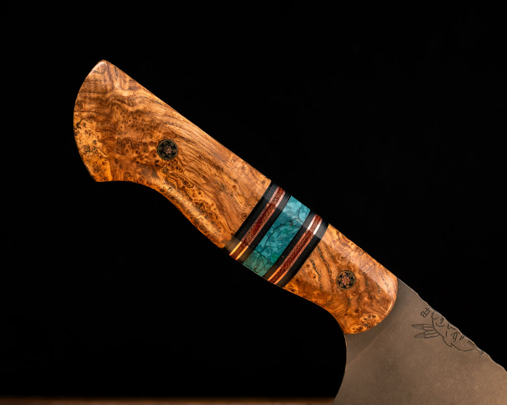 Chef Set- Black Ash Burl, Black G10, Grey G10, Copper and Brown Canvas Micarta Pin Striping, Chrysocolla Tru-stone Split, Mosaic Pins, Smooth Grip