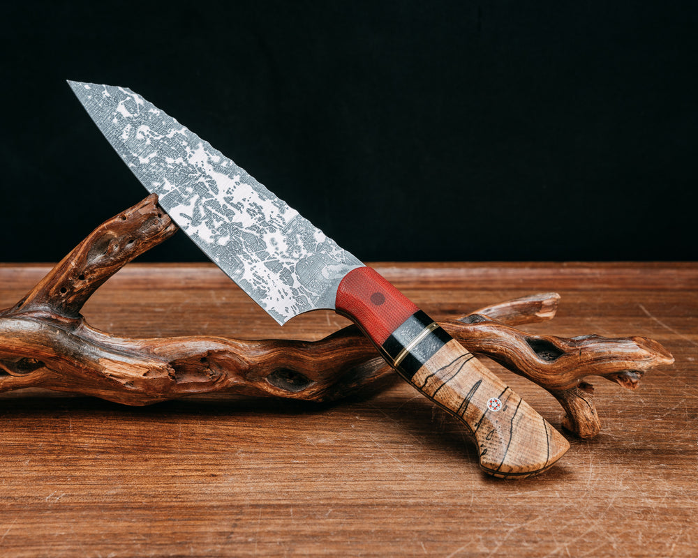 Santoku- Red Canvas Micarta, Black G10, Black Canvas Micarta, OD Green Micarta and Brass Split, Spalted Maple, Red Micarta Pin, Mosaic Pin, Smooth Grip