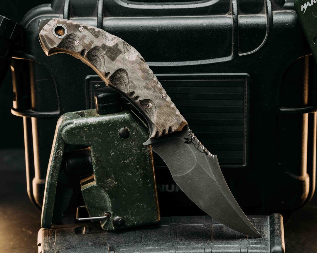 War Pig- HFB X Dire Pacific- Crye Precision AOR 1 Cammie Micarta, Textured Grip