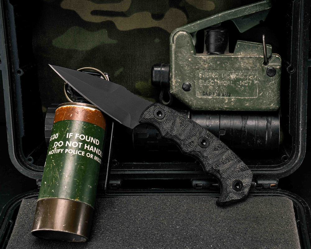 3" HUMINT- Black Canvas Micarta, Armor Black Cerakote, Allen Bolts, Textured Grip