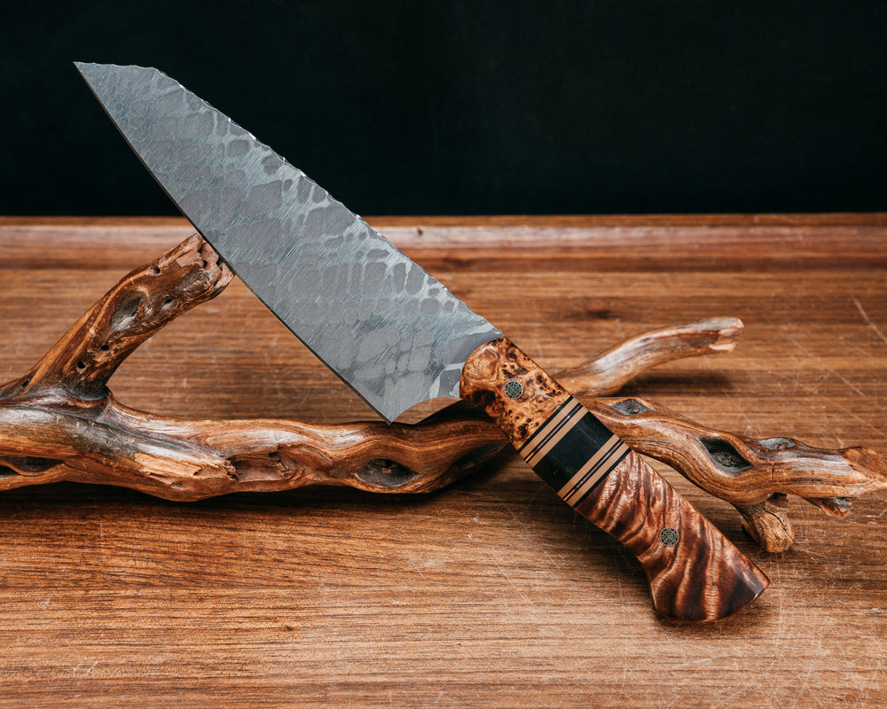 Santoku- Black Ash Burl, Black G10, Coyote G10 and Copper Pin Striping, Hawaiian Curly Koa Split, Hawaiian Curly Koa, Mosaic Pins Smooth Grip