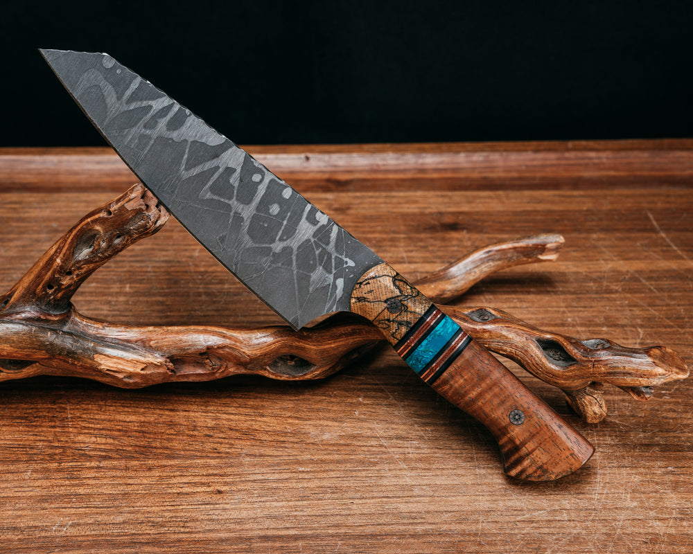 Santoku- Spalted Maple, Black G10, Jade G10, Copper and Red Canvas Micarta Pin Striping, Chrysocolla Tru-stone Split, Hawaiian Curly Koa, Mosaic Pins, Smooth Grip