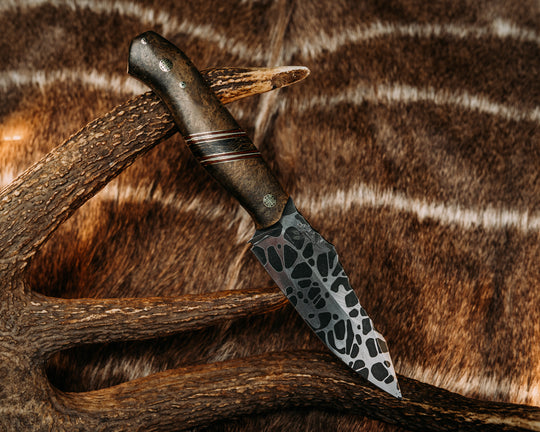 Field Knife (CruWear) - Asian Gempol, Brass & Fire Canvas Micarta w/ Ivory G10 Pin Striping, Dark Matter Gold Marbled Carbon Fiber Split, Mosaic Pins, Smooth Grip.
