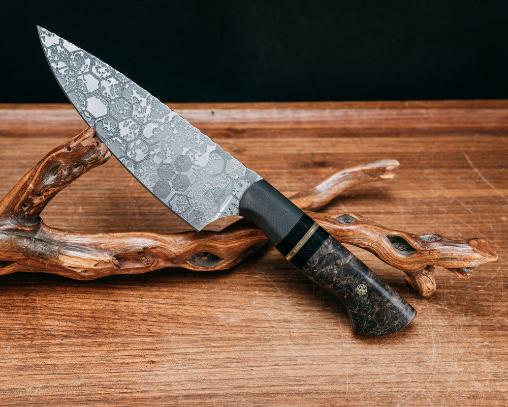 Chef Jr- Black G10, Black Canvas Micarta, OD Green G10 and Brass Split, Dyed Black Ash, CF Pin, Mosaic Pin, Smooth Grip