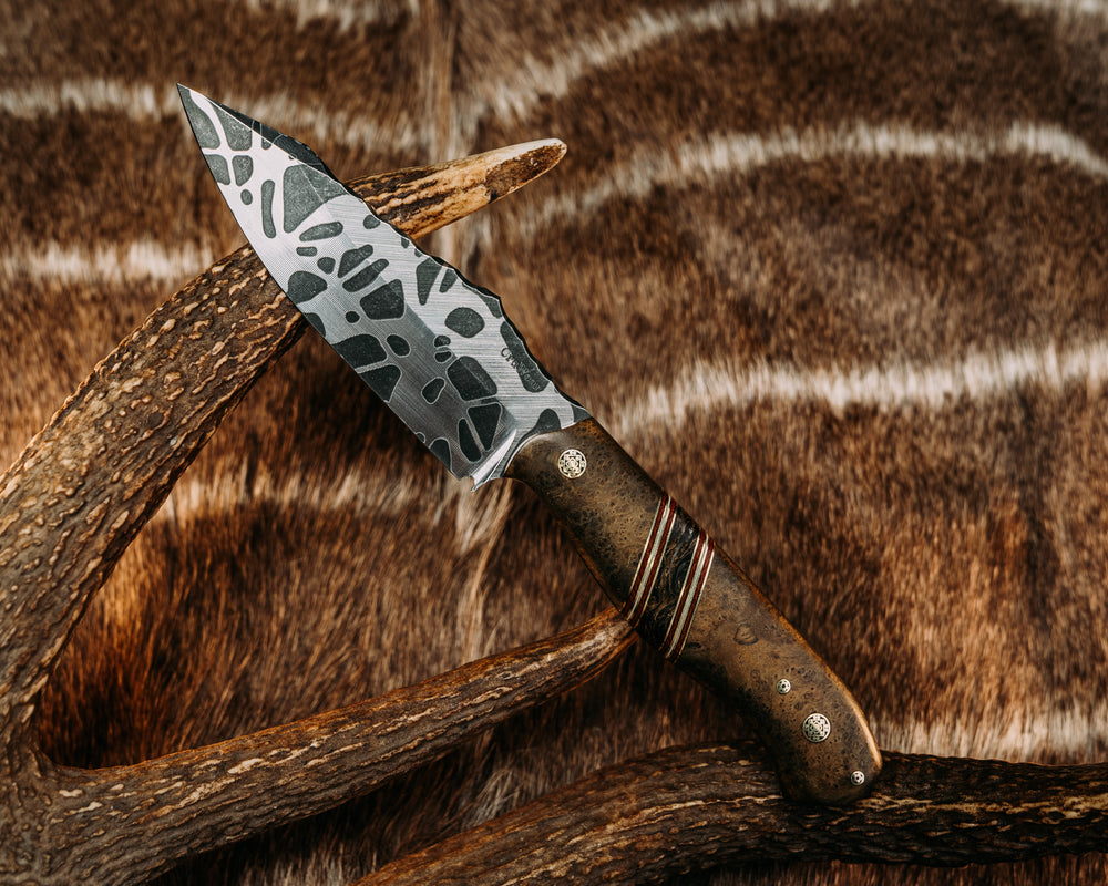 Field Knife (CruWear) - Asian Gempol, Brass & Fire Canvas Micarta w/ Ivory G10 Pin Striping, Dark Matter Gold Marbled Carbon Fiber Split, Mosaic Pins, Smooth Grip.