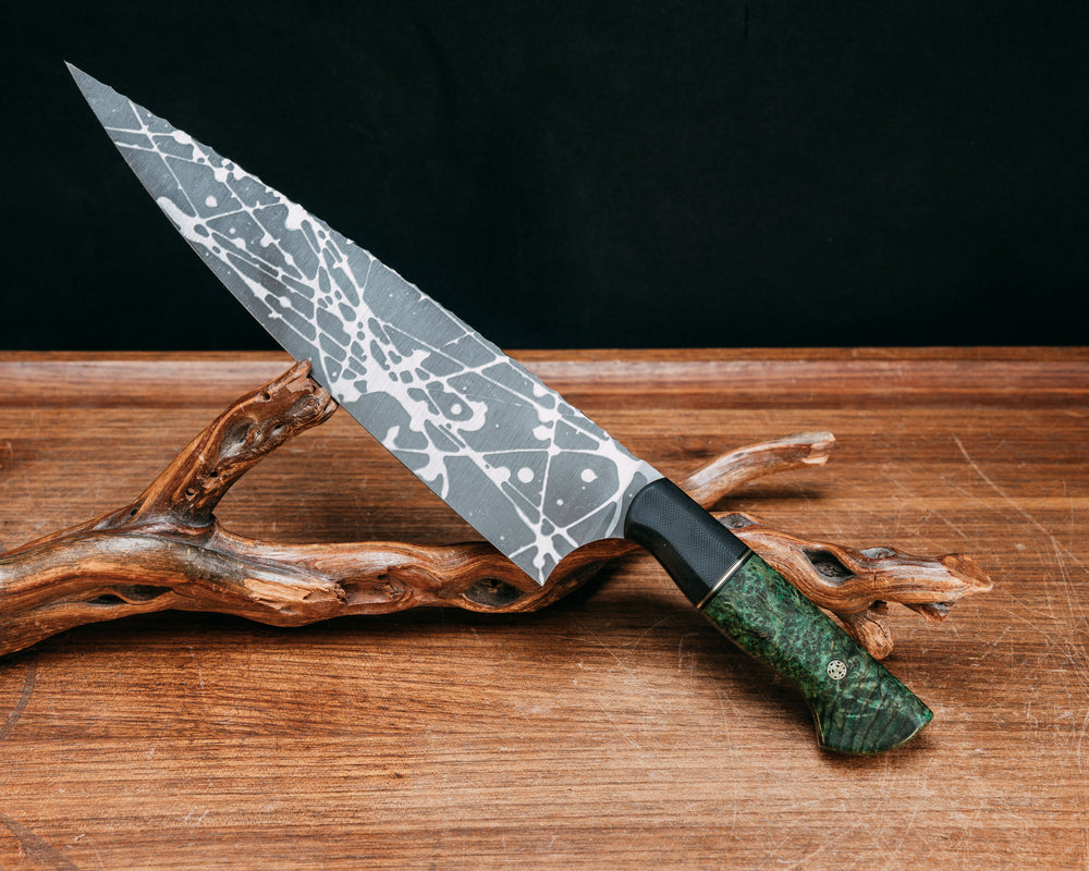 Chef Blade 10"- Black G10, Brass Split, Dyed Black Ash, CF Pin, Mosaic Pin, Smooth Grip