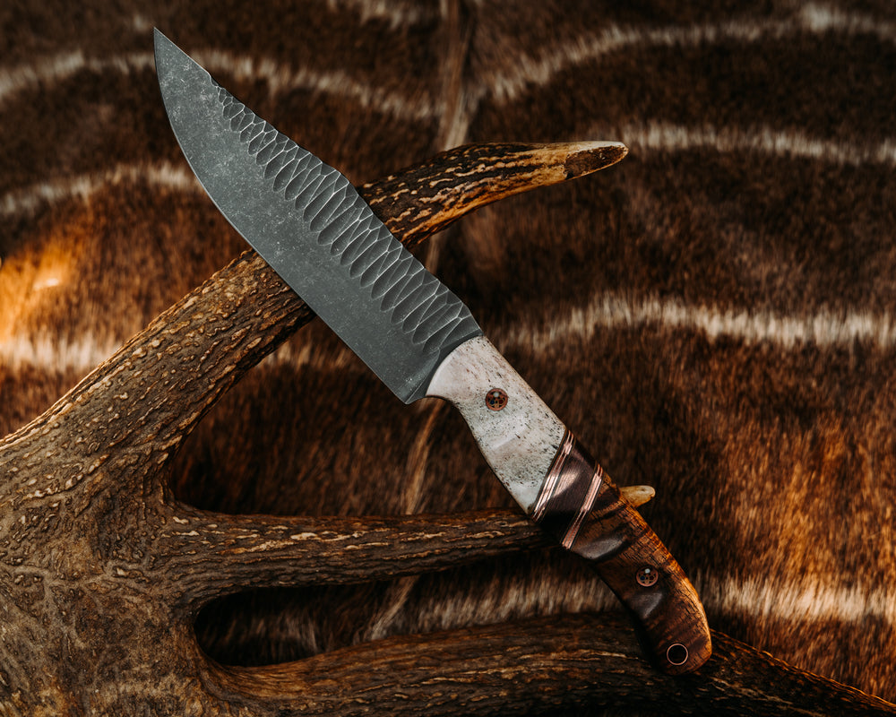 Crow Scout - Coyote, Ivory & OD Green G10 w/ Copper Pin Striping, Space Coral Copper Carbon Split, Hawaiian Curly Koa, , Patriot Pins, Copper Lanyard Pin, Grooved Grip.