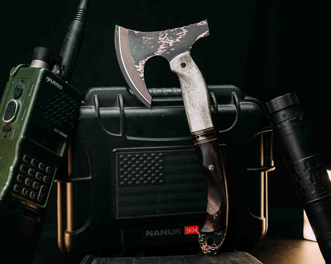 Mini Viking Hawk- Baker Forge Random Pattern CopperMai NiShim- Elk Antler, Black G10, Coyote G10 and Copper Pin Striping, Black with Copper Web Tru-stone Split, Desert Ironwood, Mosaic Pins, Textured Grip