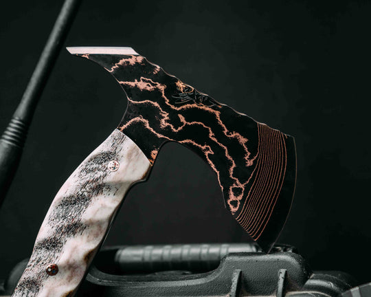 Recce Alpha Hawk- Baker Forge Random Pattern CopperMai- Elk Antler, Copper Patriot Mosaic Pins, Textured Grip