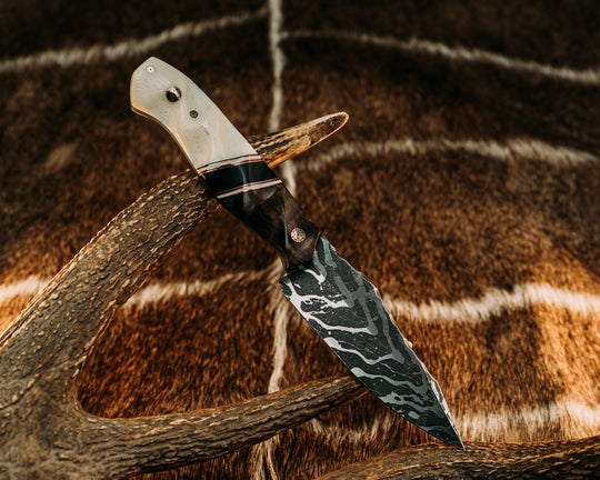 Field Knife (CruWear) - Hawaiian Curly Koa, Black & Ivory G10 w/ Copper Pin Striping, Richlite Split, Giraffe Bone, Mosaic Pins, Textured Grip.