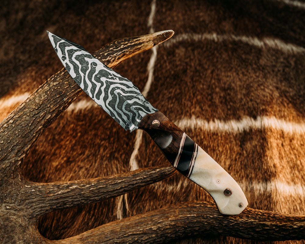 Field Knife (CruWear) - Hawaiian Curly Koa, Black & Ivory G10 w/ Copper Pin Striping, Richlite Split, Giraffe Bone, Mosaic Pins, Textured Grip.