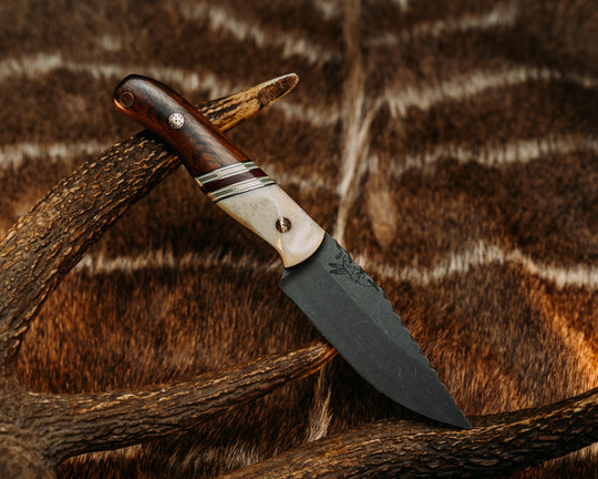 Crow Scalper - Giraffe Bone, Black & Ivory G10 w/ Brass Pin Striping, Fire Canvas Micarta Split, Desert Ironwood, Mosaic Pins, Copper Lanayrd Pin, Contoured Grip.