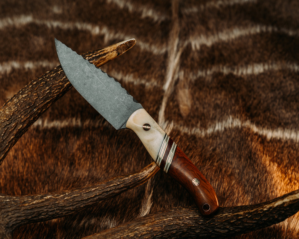 Crow Scalper - Giraffe Bone, Black & Ivory G10 w/ Brass Pin Striping, Fire Canvas Micarta Split, Desert Ironwood, Mosaic Pins, Copper Lanayrd Pin, Contoured Grip.