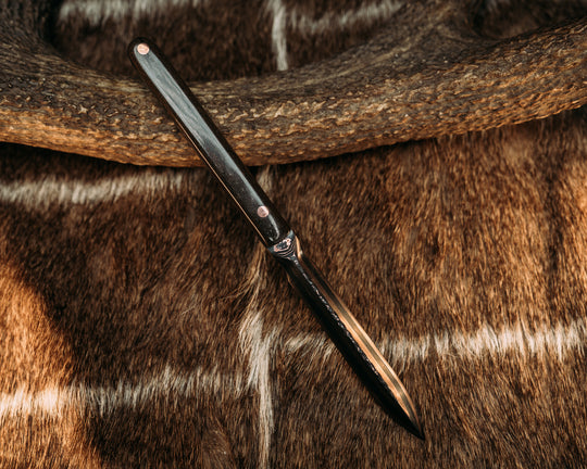 OSS Spike - Baker Forge Random Pattern Damascus - Giant Irish Elk, Copper Pins, Smooth Grip.