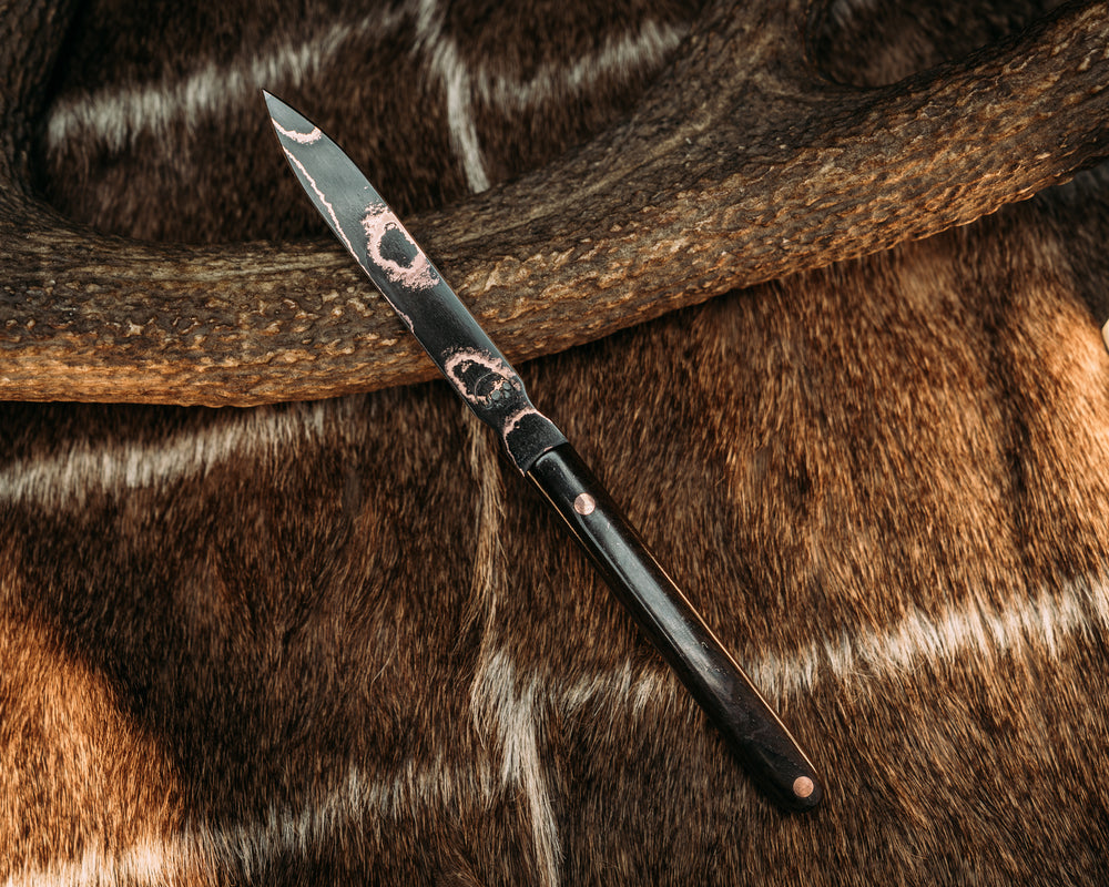 OSS Spike - Baker Forge Random Pattern Damascus - Giant Irish Elk, Copper Pins, Smooth Grip.