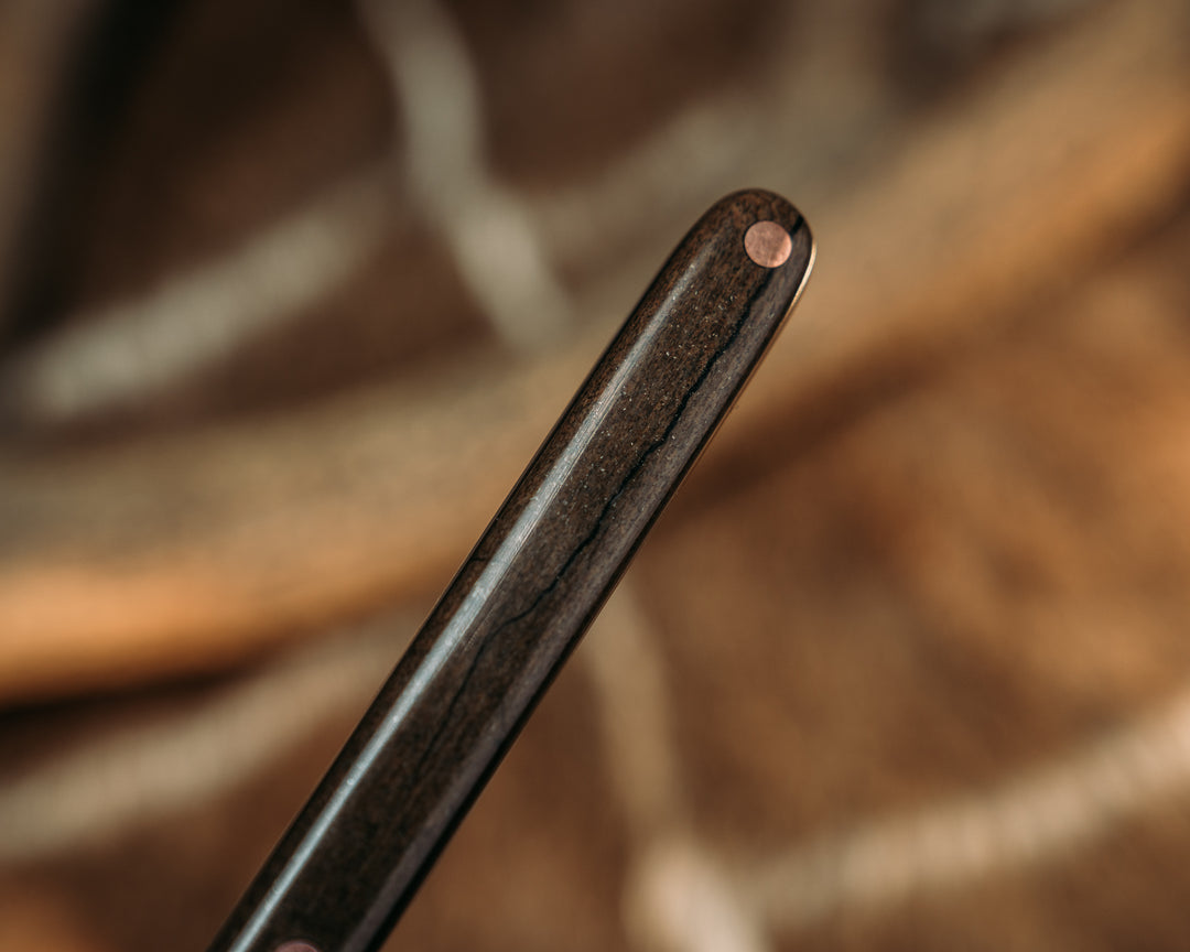 OSS Spike - Baker Forge Random Pattern Damascus - Giant Irish Elk, Copper Pins, Smooth Grip.