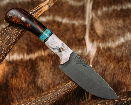 Cav Jr Back Country - Black G10 and Brass Pin Striping, Turquoise with Gold Web Tru-stone Split, Desert Ironwood, Mosaic Pins, Feather Mosaic Pin, Contoured Grip