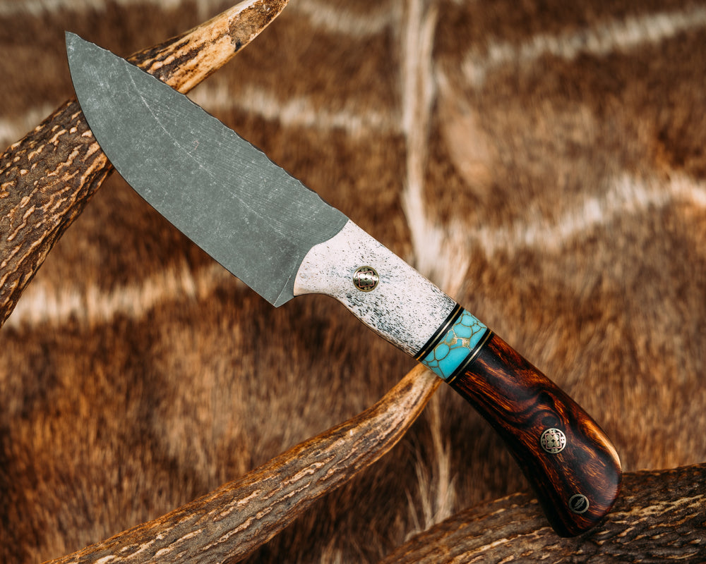 Cav Jr Back Country - Black G10 and Brass Pin Striping, Turquoise with Gold Web Tru-stone Split, Desert Ironwood, Mosaic Pins, Feather Mosaic Pin, Contoured Grip